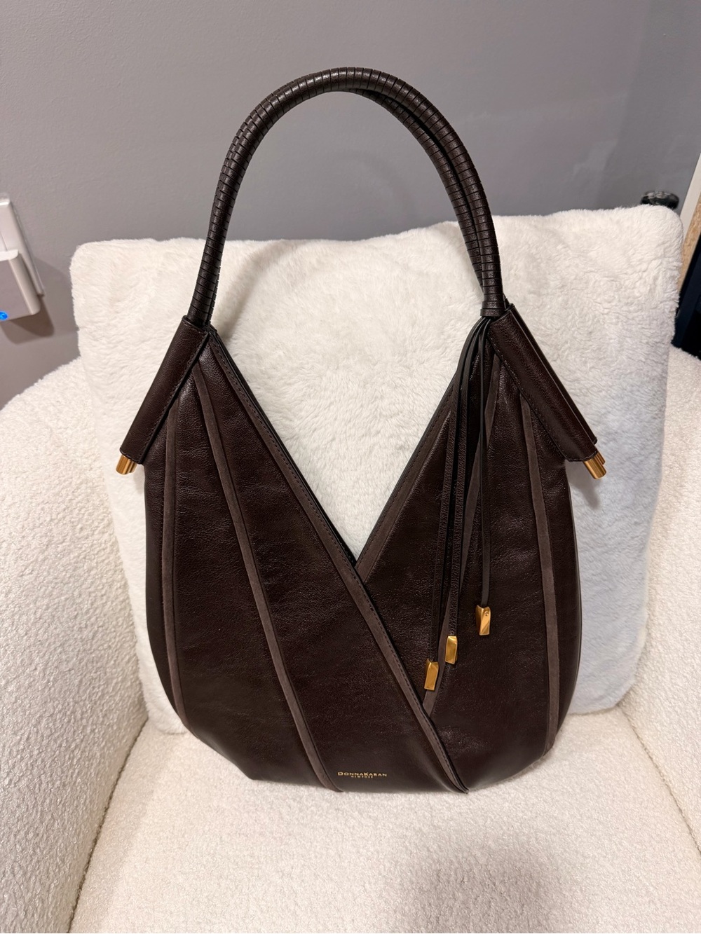 Donna Karan Dark Brown Leather Shoulder Hobo Bag with Tassel Accents